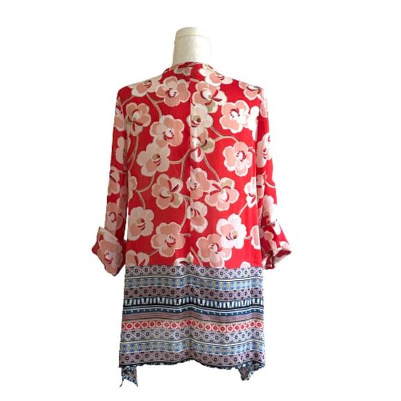 Rafaella Blouse Red Floral Tie Front Rolled Tab Sleeve Blouse Top Medium NEW - Picture 6 of 15